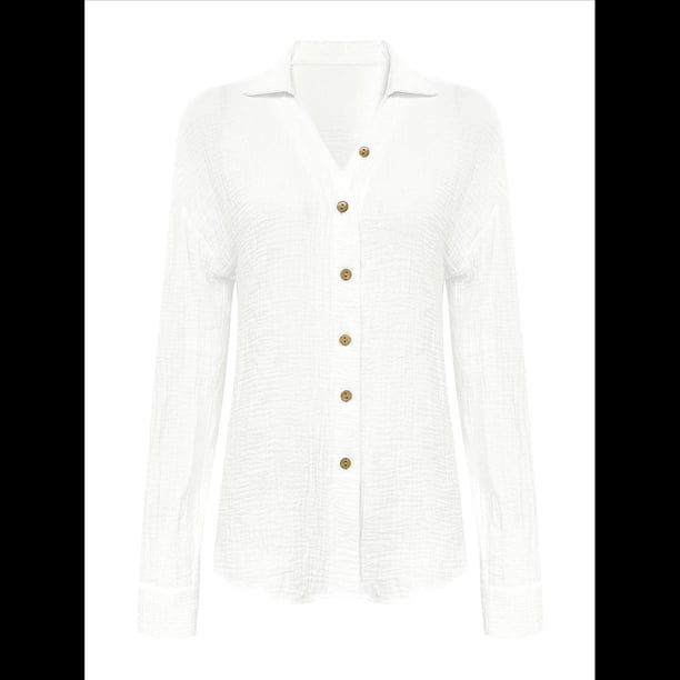 Camisas de Mujer con Botones, Larga, Cuello en V, Blusas Informales de Trabajo, Blusas de Moda para Otoño 2025 S