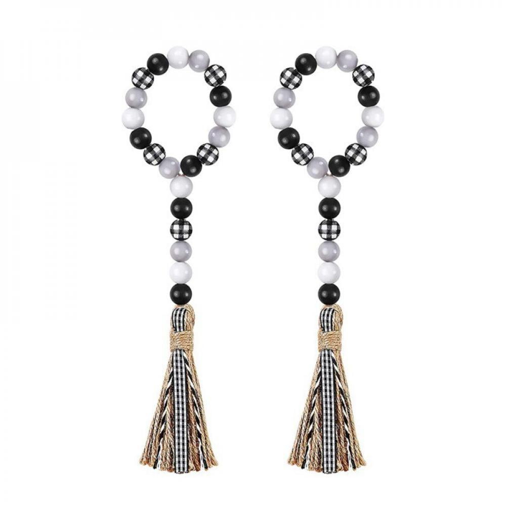 3 Pieces Wood Bead Garland With Tassels Rustic Farmhouse Tiered Tray