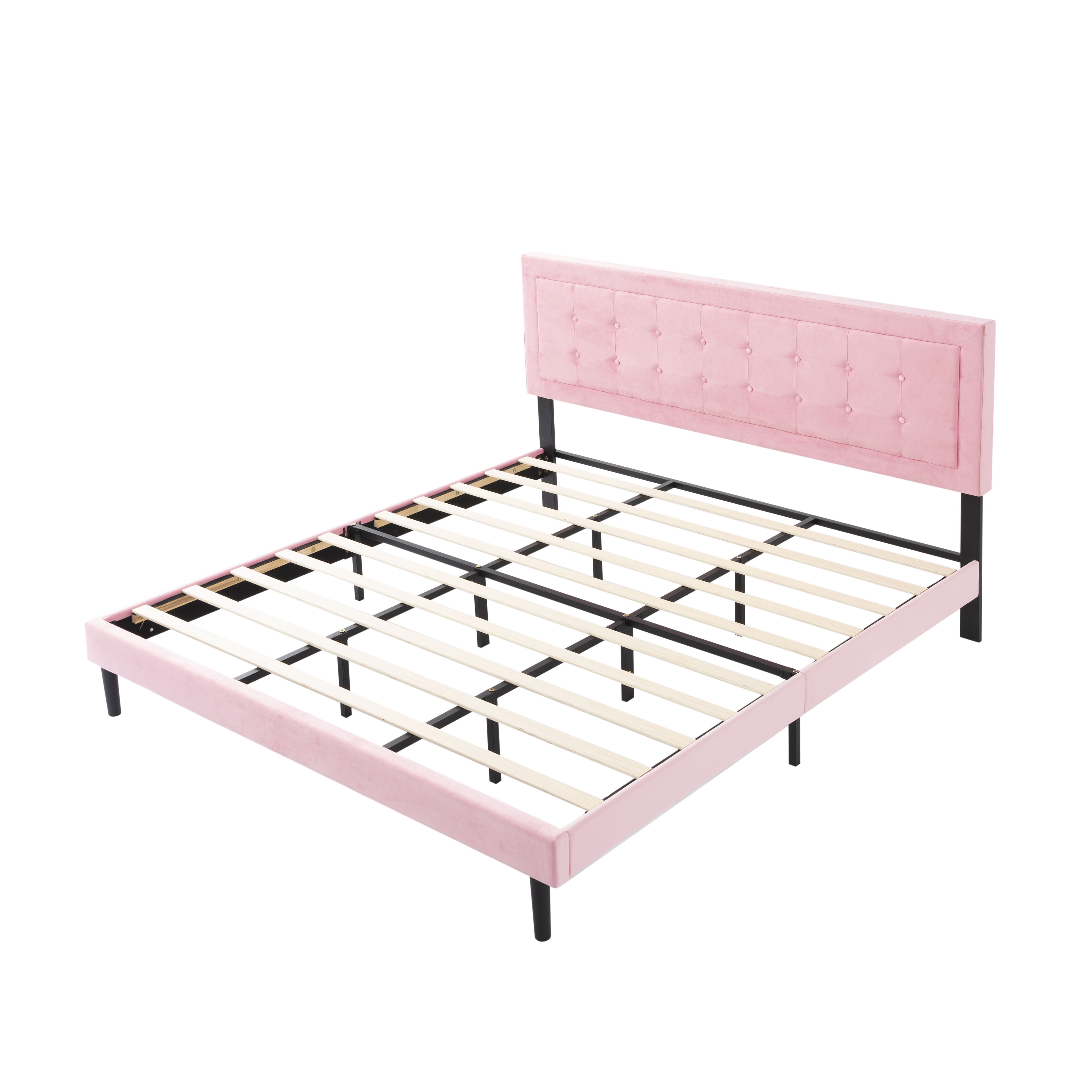 King Size Upholstered Platform Bed Frame with Wood Slats Support, Pink