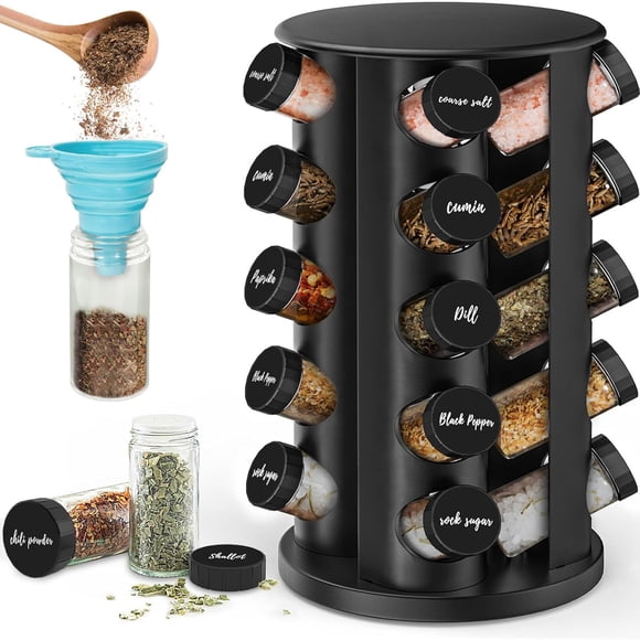 Rotating Spice Jars with Rack Revolving Spice Rack with 20 Spice Jars Kitchen Spice Tower Organizer Stainless Steel with Stickers and Folding Funnel for Countertop or Cabinet, Silver
