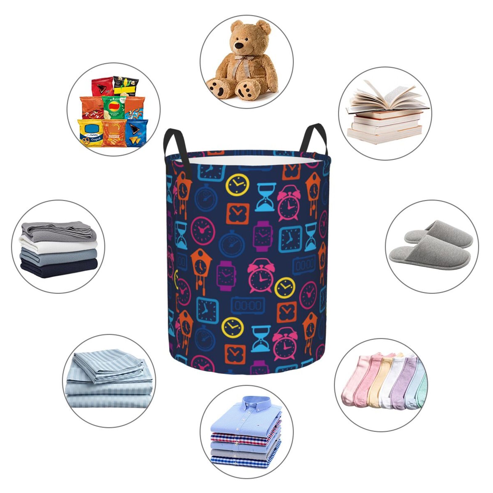 Large Laundry Basket with Handles - color clock Kids Baby Dirty Clothes Laundry Hamper for Bedroom Aesthetic