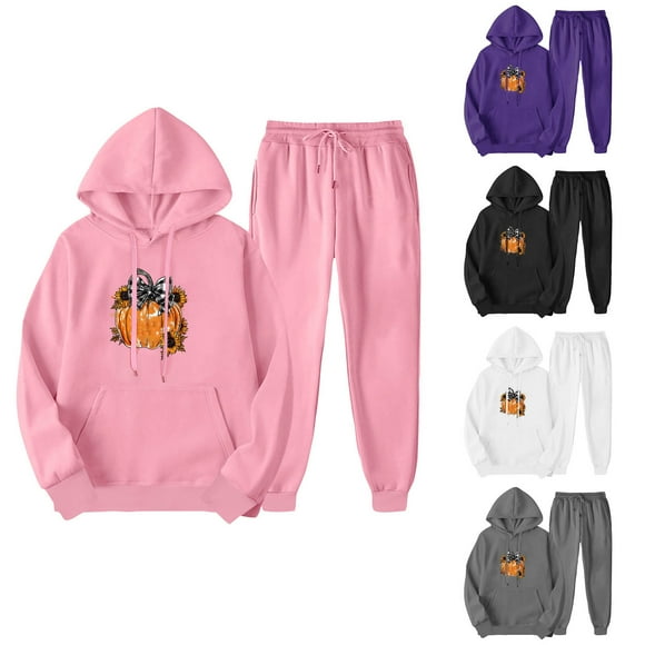 JURANMO Fashion 2 Piece Outfits for Women Happy Halloween Sweatsuit Casual Lightweight Drawstring Hooded Sweatshirts Comfy Elastic Waist Sweatpants Tracksuit Daily Deals Clearance White S