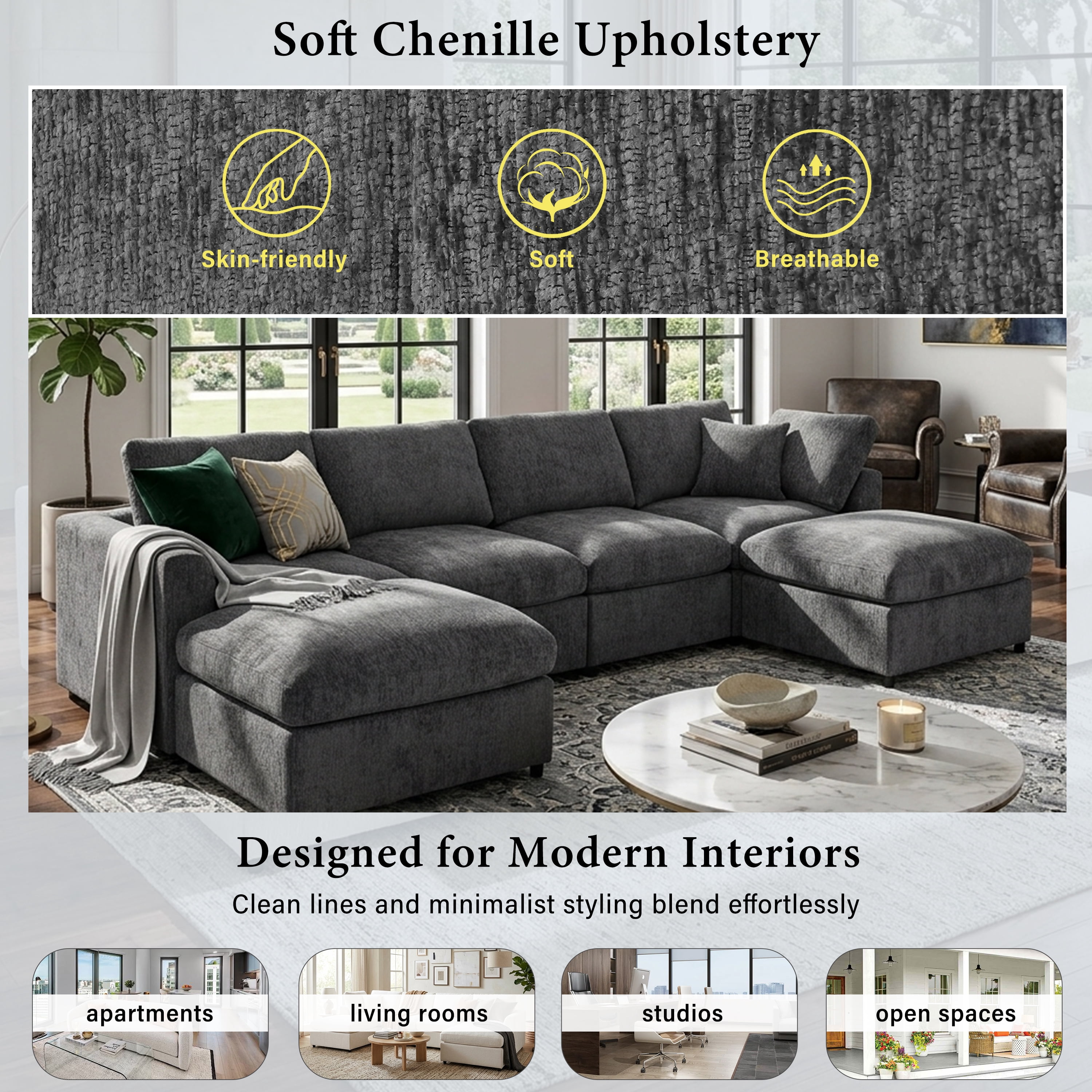 Howcool 4-Piece Modular Sectional Sofa Set,2 Accent Chairs + Loveseat + Movable Ottoman,Chenille Sofa Couch with Solid Wood Frame for Living Room Furniture,Gray