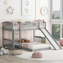 Bellemave Twin Over Twin Size Bunk Bed,Wood Floor Bunk Bed with Slide and Ladder for Teens (Gray)