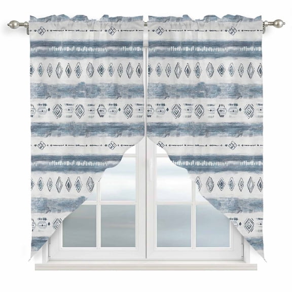 Swag Curtains Valances for Windows, Abstract Vintage Short Kitchen Window Curtains Over Sink, Geometric Texture Pattern Cafe Curtains Panel Set Of 2,Rod Pocket, 63 Inches Length Slate Blue Gray