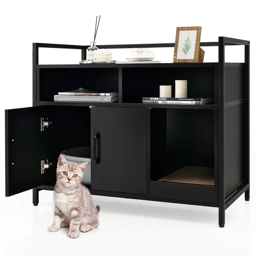 Hidden Cat Washroom with Double Doors and Scratch Cardboard, Cat Litter Box Enclosure , Hidden Cat Washroom Furniture, Pet Crate for Living Room, Bedroom, Balcony