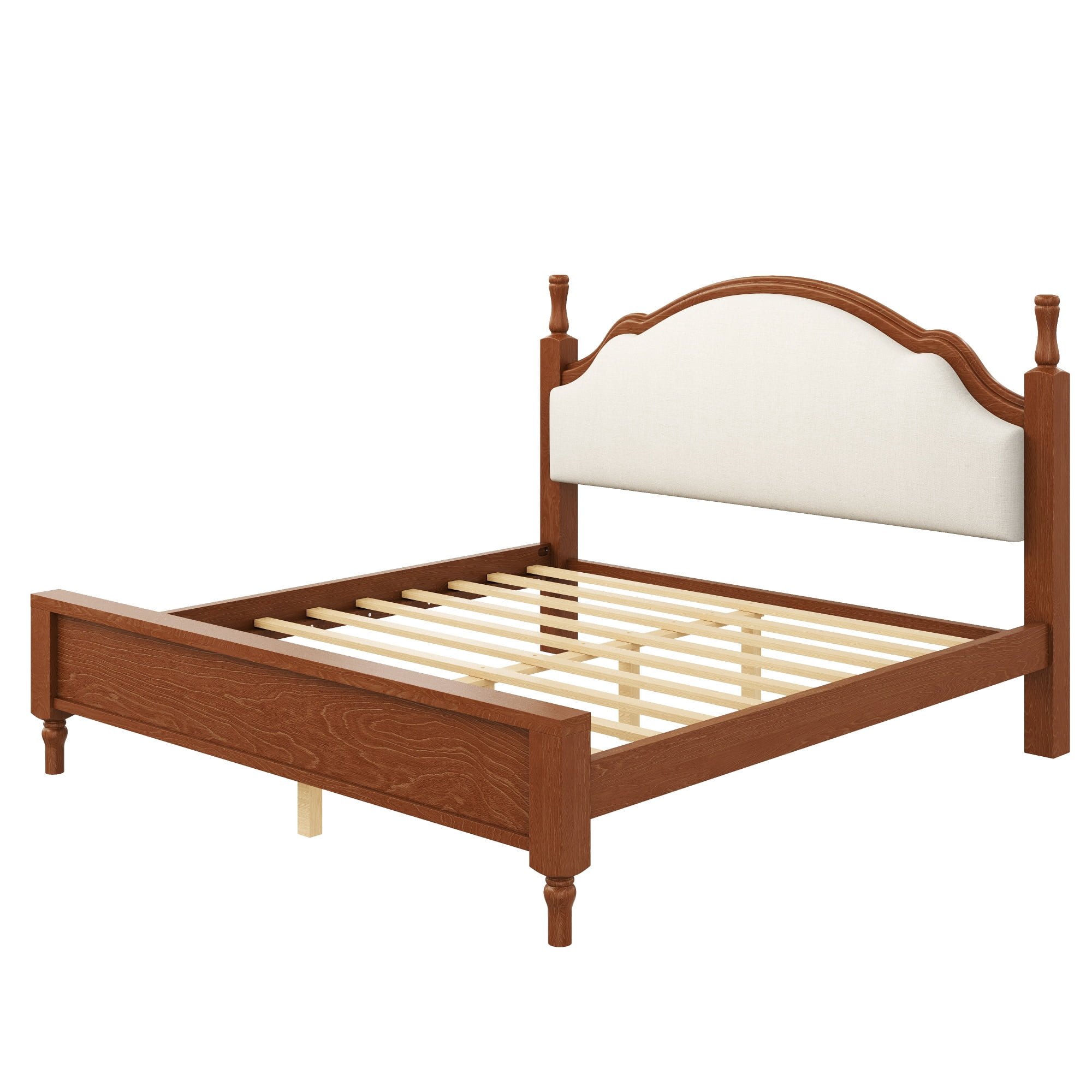Alvantor Queen Size Wood Bed Frame with Upholstered Headboard, Beige+Brown