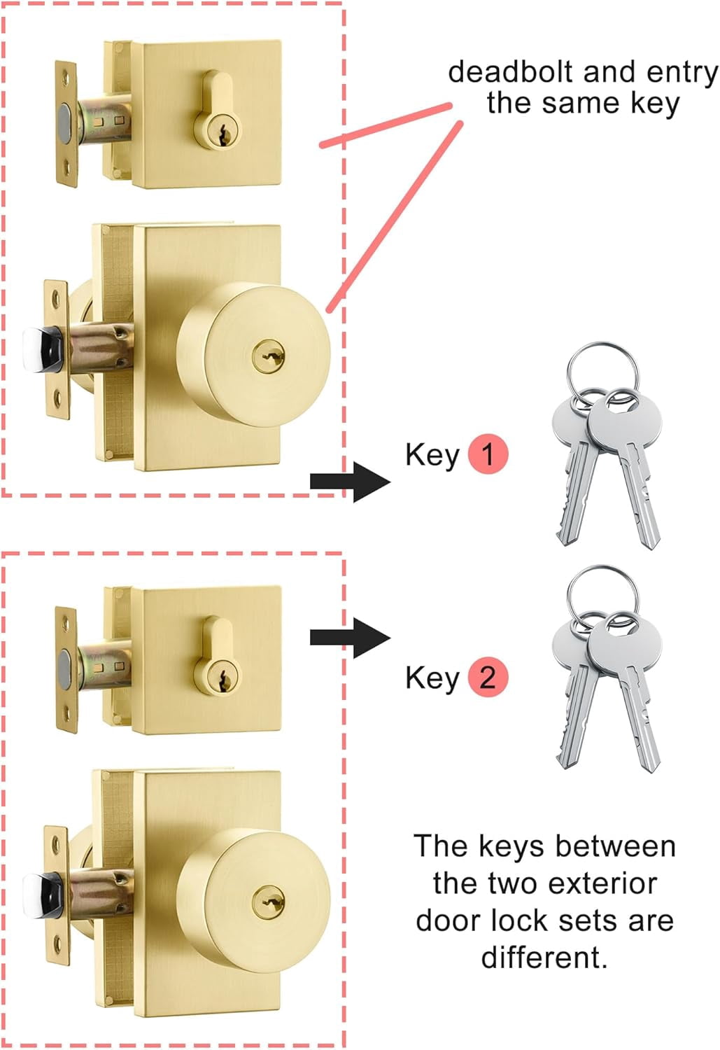 Gold Door Knob with Deadbolt, Zinc Alloy Brushed Gold Exterior Door Lock Set, Heavy Duty Brushed Brass Front Door Knob and Deadbolt Set with Lock and Key, Reversible (2 Pack)