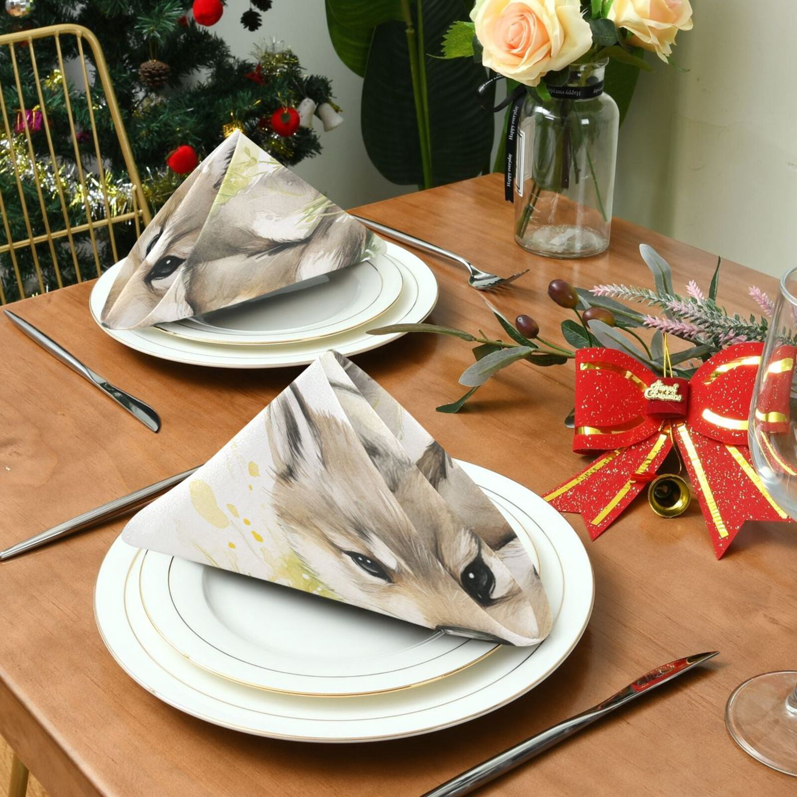 JSTEL Cute Wolf Baby Cloth Napkins Set of 6, 20x20 Inch Washable and Reusable Napkin for Decoupage Dinner Party Everyday Use