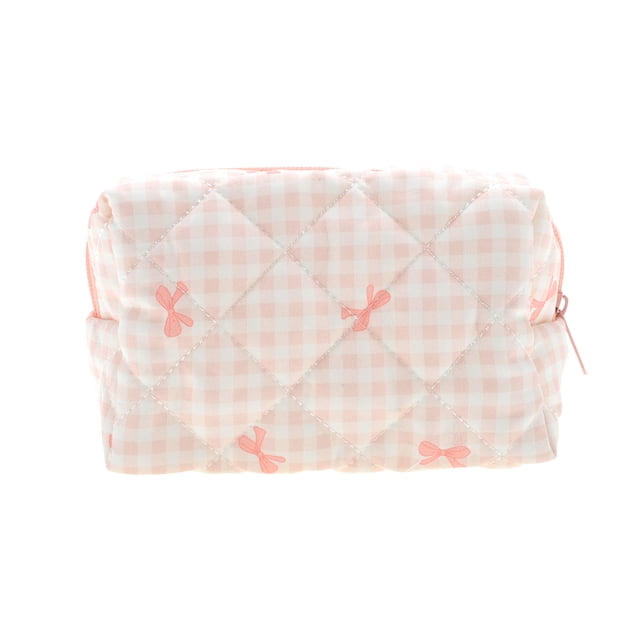 Ofertas Únicas 1 Pc Bolsa de Maquillaje a Cuadros con Lazo para Viajes Vacaciones Poliéster Rosa