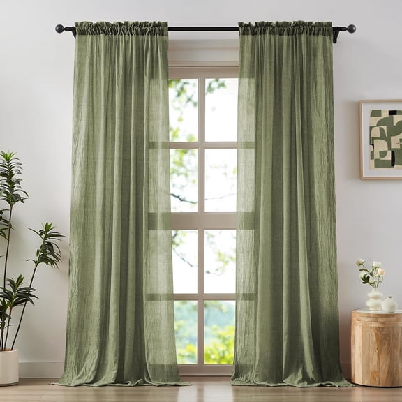Sage Green Sheer Curtains 108 Inches Long for Living Room Patio Door, Elegant Cotton Linen Textured Light Filtering Semi Sheer Drapes Rod Pocket Privacy Voile Curtains, W52 in, 2 Panels