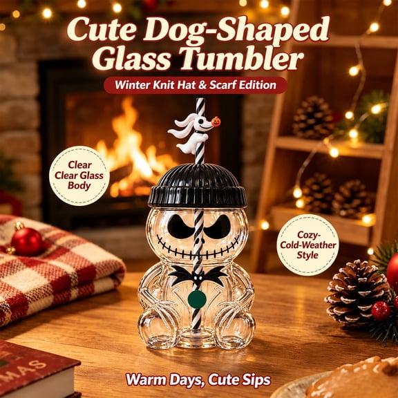 Christmas Nightmare Jack Tumbler Cup with Straw, Reusable Glass Cold Cup with Ghost Dog Straw Topper, 20oz Novelty Drinking Cup for Iced Coffee & Cold Drinks Halloween and Christmas Gifts