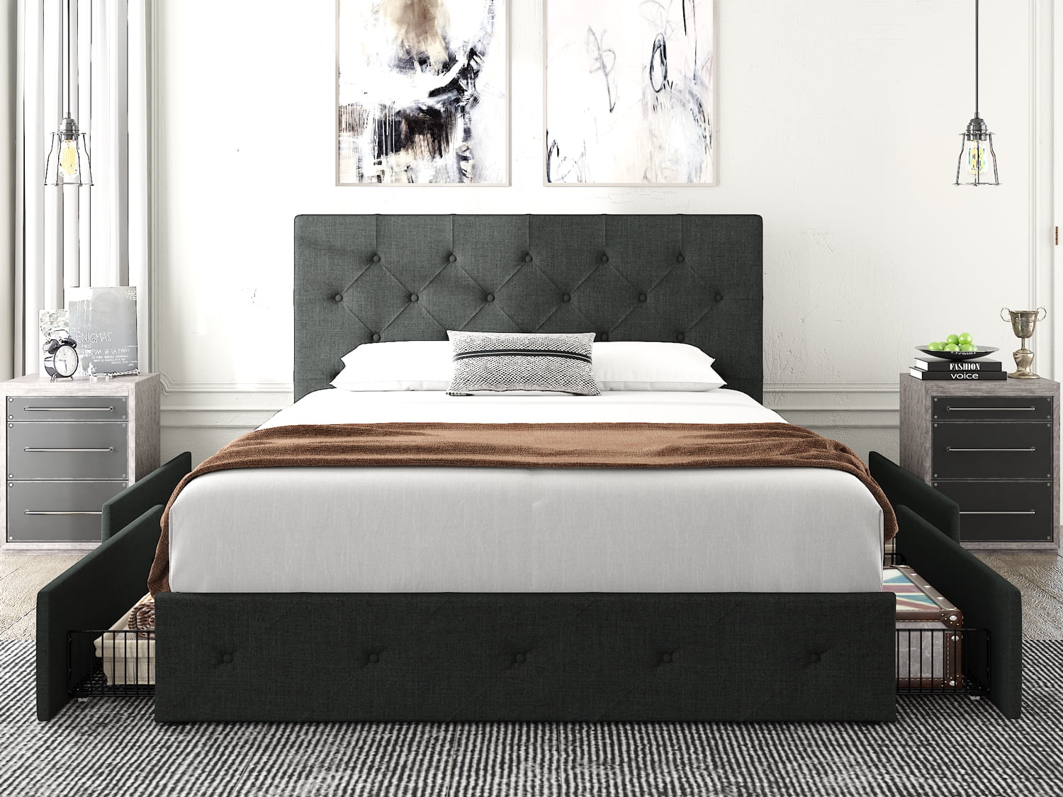 Amolife Full Size Platform Bed Frame with Headboard and 4 Drawers, Dark Grey