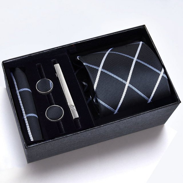 Cajas de regalo Corbata para hombre Bufanda cuadrada Gemelos Clip de corbata Conjunto de cinco piezas Negocios formales Rayas azules