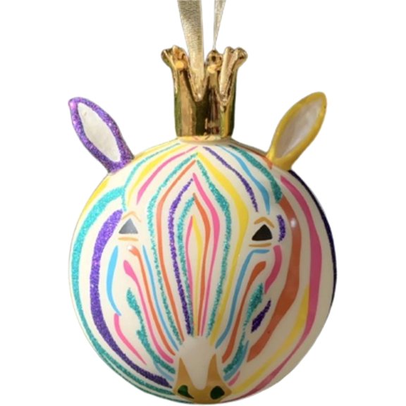Hand-Blown Bauble Porcelain Zebra Round Hanging Ornament, Rainbow 4.5 Inches