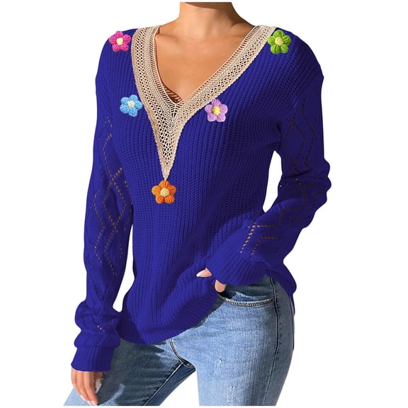 Olyvenn Lace V Neck Sweaters for Women Cute Flowers Hollow Pullover Casual Long Sleeve Knitted Loose Sweater Tops Blue XL