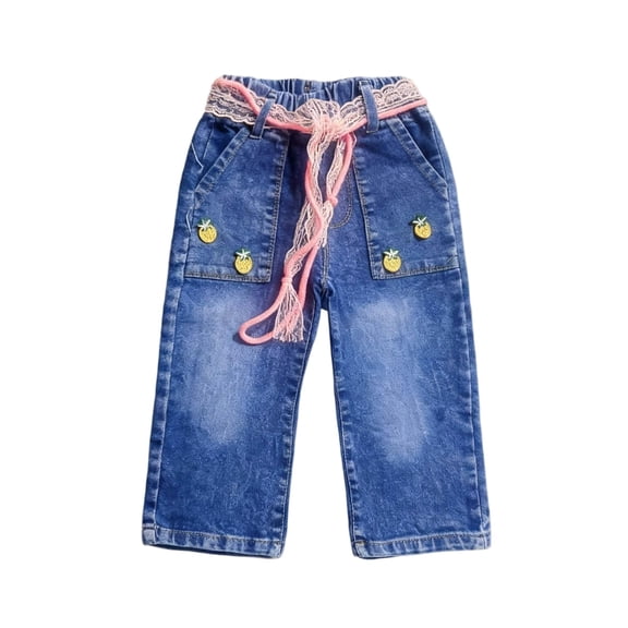 Pretxorve Kids Girls Wide Leg Pants Summer Solid Big Side Pockets Print Pineapple Elastic Waist Denim Bottoms 2-8Y