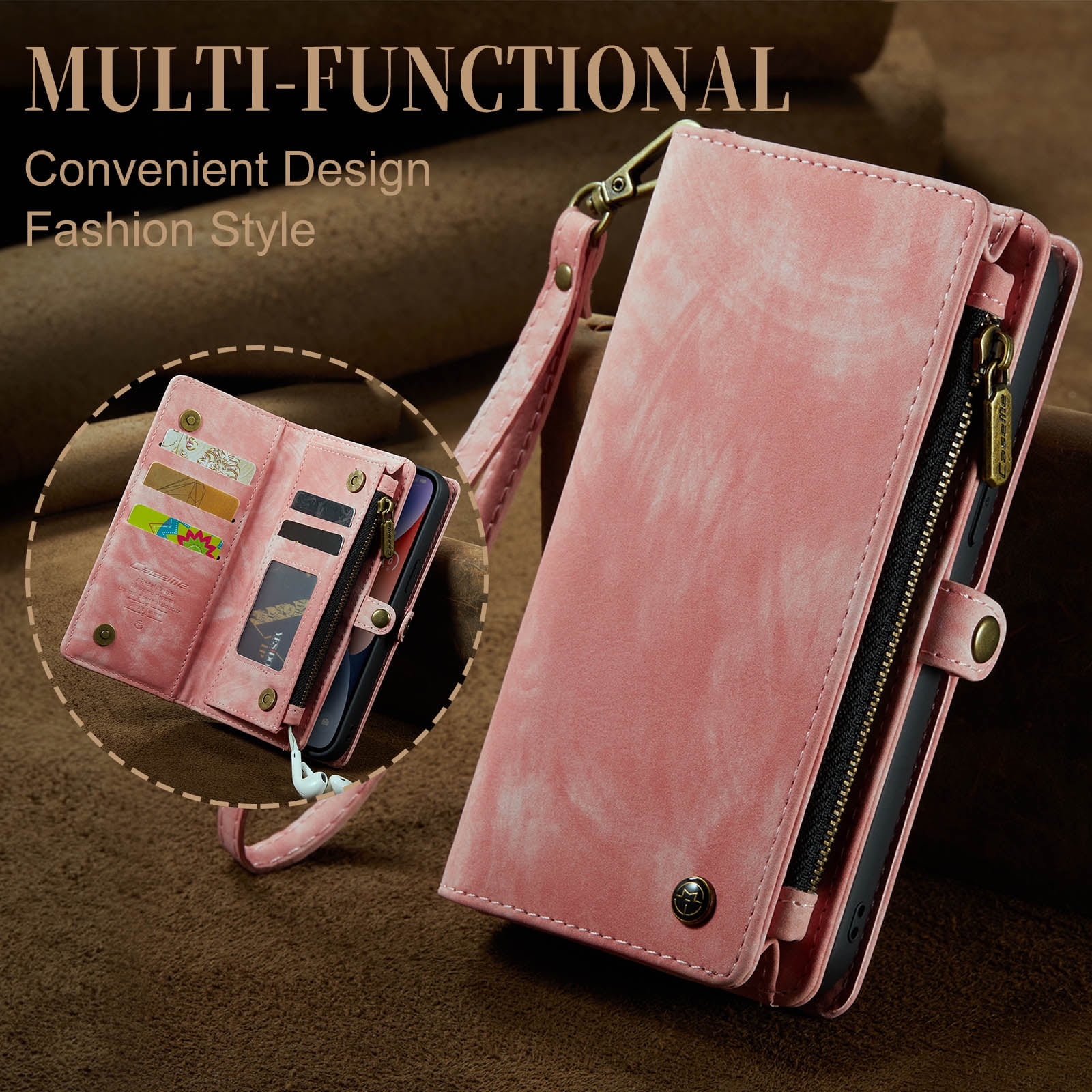 Feishell Durable 2-In-1 Magnetic Detachable Wallet Case for iPhone 15,for Women Men,Premium PU Leather Zipper Pocket Flip Multi Card Slots Purse Phone Case with Wrist Strap,Pink