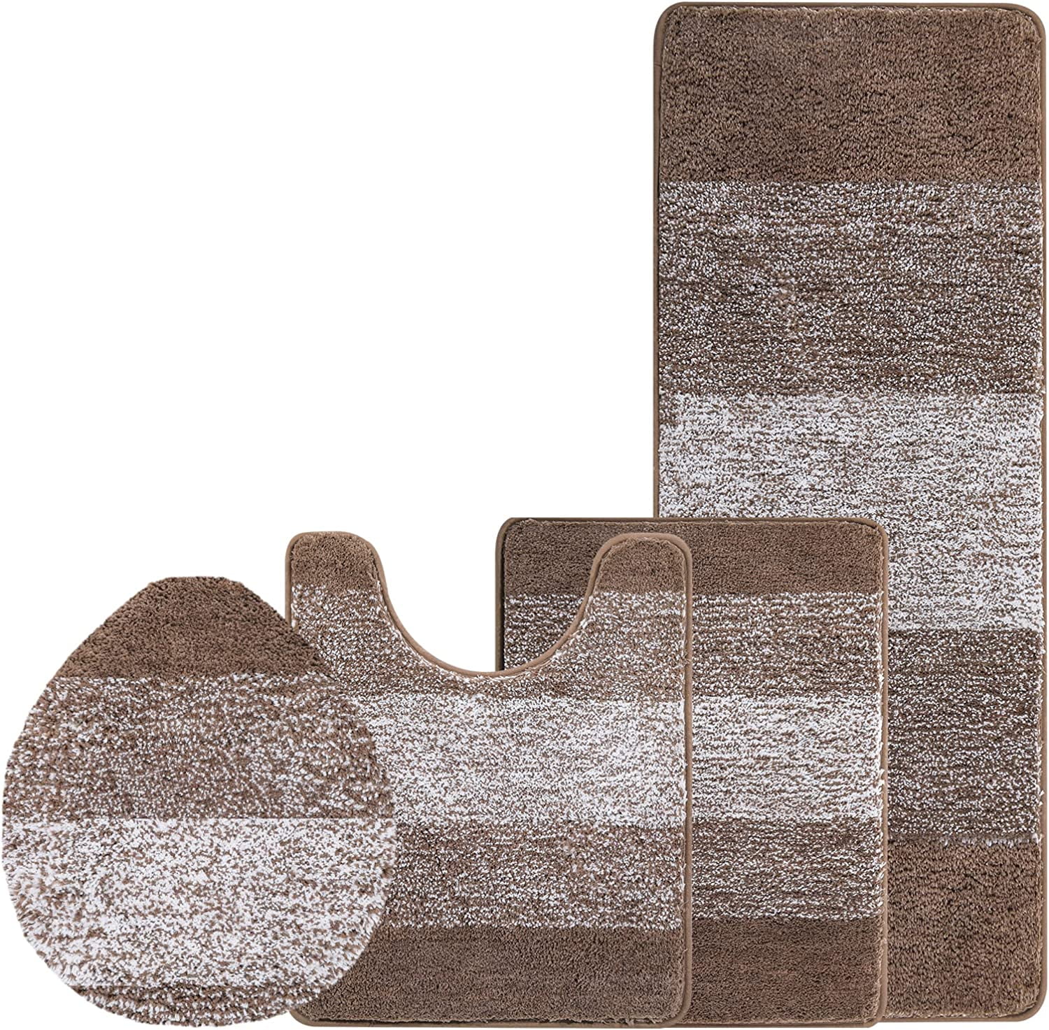 Ileading Traditional 4 Piece Microfiber Washable Bathroom Rug Set, Coffee