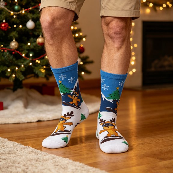 OSOLU Men's Christmas Crew Socks Cute Winter Reindeer Snowflake Graphic Outdoor Wear Cozy House Socks, One Size