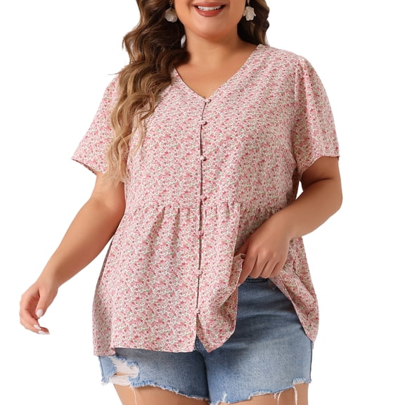 DARING DIVA Women's Plus Floral V Neck Short Sleeve Peplum Top 1X Pink