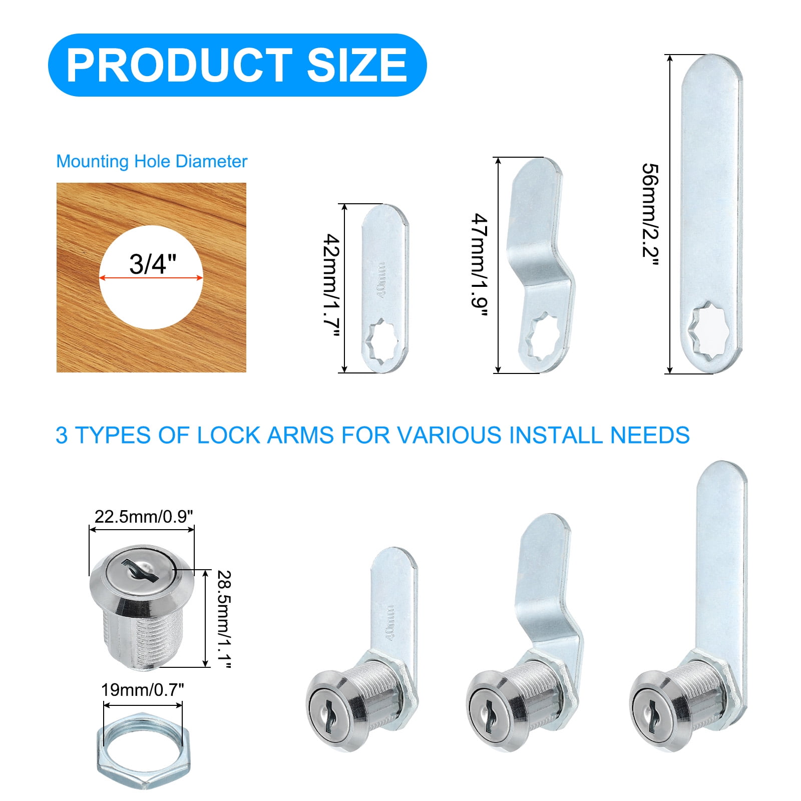 3/4 inch Cabinet Locks with Keys, Zinc Alloy Cam Lock Cylinder RV Lock Set Key Different, Silver 6 Pack