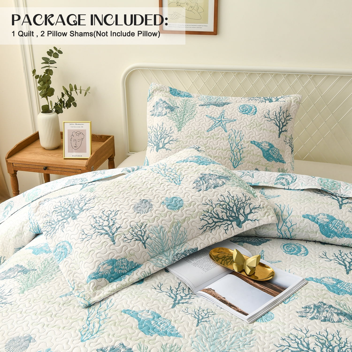 Kebury Ocean Beach Theme Quilts Bedding Set King Size Lightweight Patchwork Coastal Bedding Green Grass Coverlets Conch Seashell Starfish Seaweed Bedspreads (1 Quilt, 2 Pillow Shams)