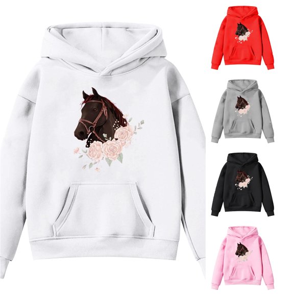 RMGVDSD Hoodies for Girls Kids Horse Print Long Sleeve Hooded Sweatshirts Back To School Graphic Pullover Tops Fall Winter Clothes Leisure Sweatshirt 8-9 Years