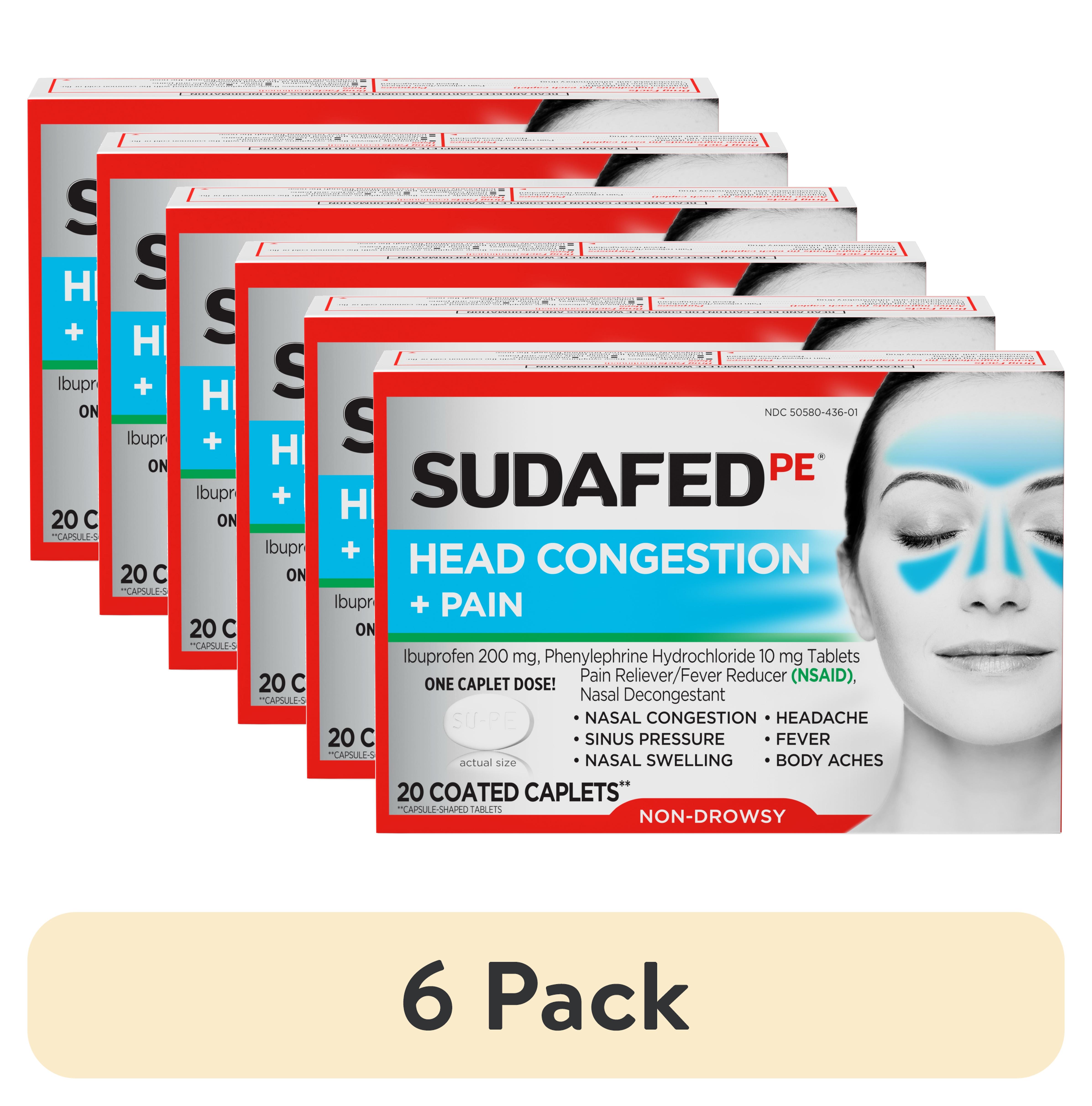 (6 pack) Sudafed PE Non-Drowsy Head Congestion + Pain Relief Caplets, 20 Count