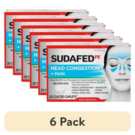 (6 pack) Sudafed PE Non-Drowsy Head Congestion + Pain Relief Caplets, 20 Ct