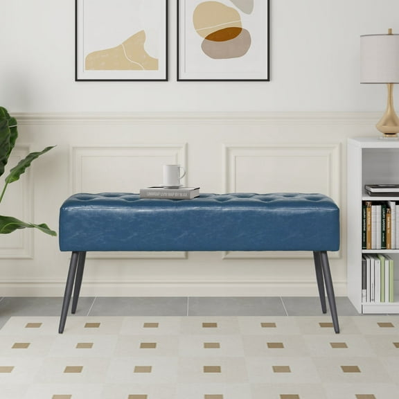 Abble 38" Wide Upholstered Entryway Bench, Tufted Ottoman Bench, Small Bed Room Bench, Casual Dining Room Bench, Blue