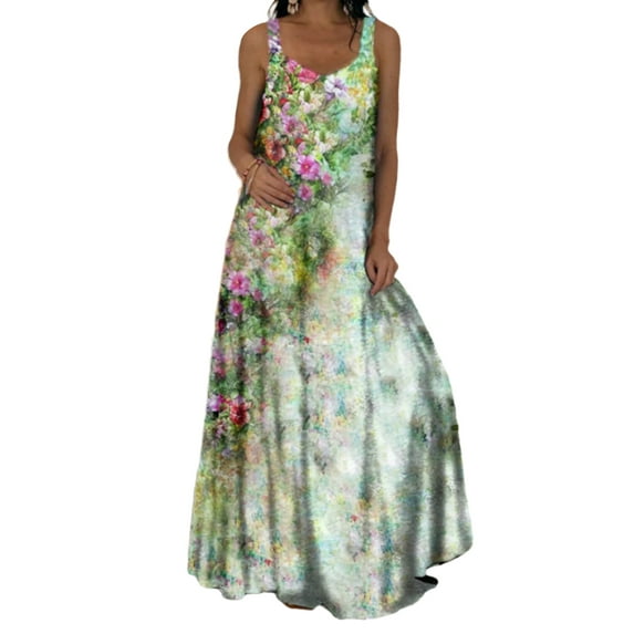 Glookwis Bohemian Floral Print Dress for Women Summer Casual Sleeveless Beach Long Maxi Dress