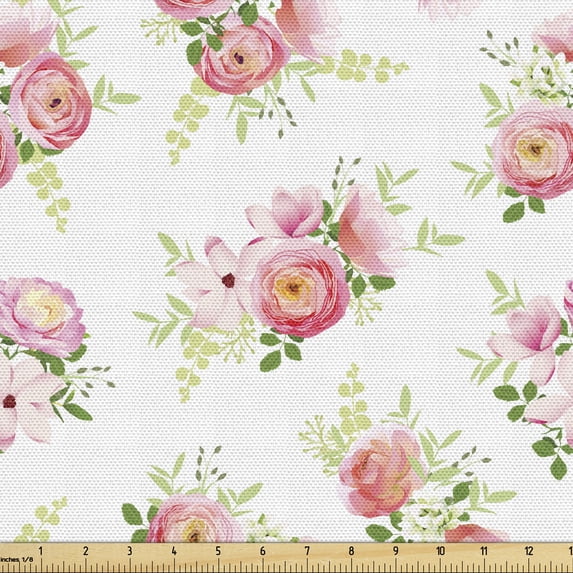 Shabby Flora Sofa Upholstery Fabric by the Yard, Nostalgic Themed Bunch of Magnolia Buds Rococo Poetic Fresh Nature, Decorative Fabric for DIY Home Accents, 10 Yards, Green Pink Off White by Ambesonne
