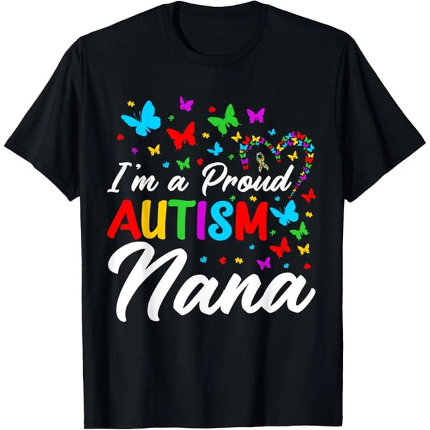 Camiseta de Mujer con Lazo de Conciencia del Autismo y Mariposas - Orgullosa Nana Autista