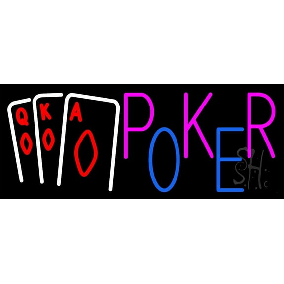 Poker With Cards LED Neon Sign 13 x 32 - inches, Black Square Cut Acrylic Backing, with Dimmer - Bright and Premium built indoor LED Neon Sign for wall décor, arcarde, and storefront.