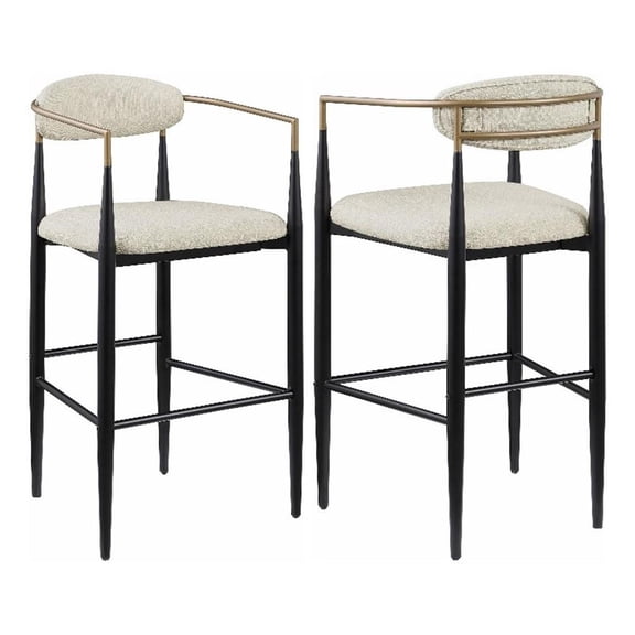 Tiara Bar Chair Set of 2, Beige Fabric, Gold Black Metal 30 Inch