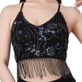 thumbnail image 1 of Top corto con borlas para danza del vientre, llamativo, con cuello halter y espalda descubierta, para mujer. Negro, 1 of 9