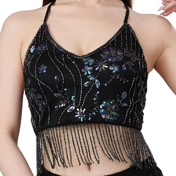 Top corto con borlas para danza del vientre, para fiesta, disfraz, lentejuelas, ajustable, con purpurina, para mujer Negro