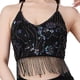 thumbnail image 1 of Top corto con borlas para danza del vientre, para fiesta, disfraz, lentejuelas, ajustable, con purpurina, para mujer Negro, 1 of 8
