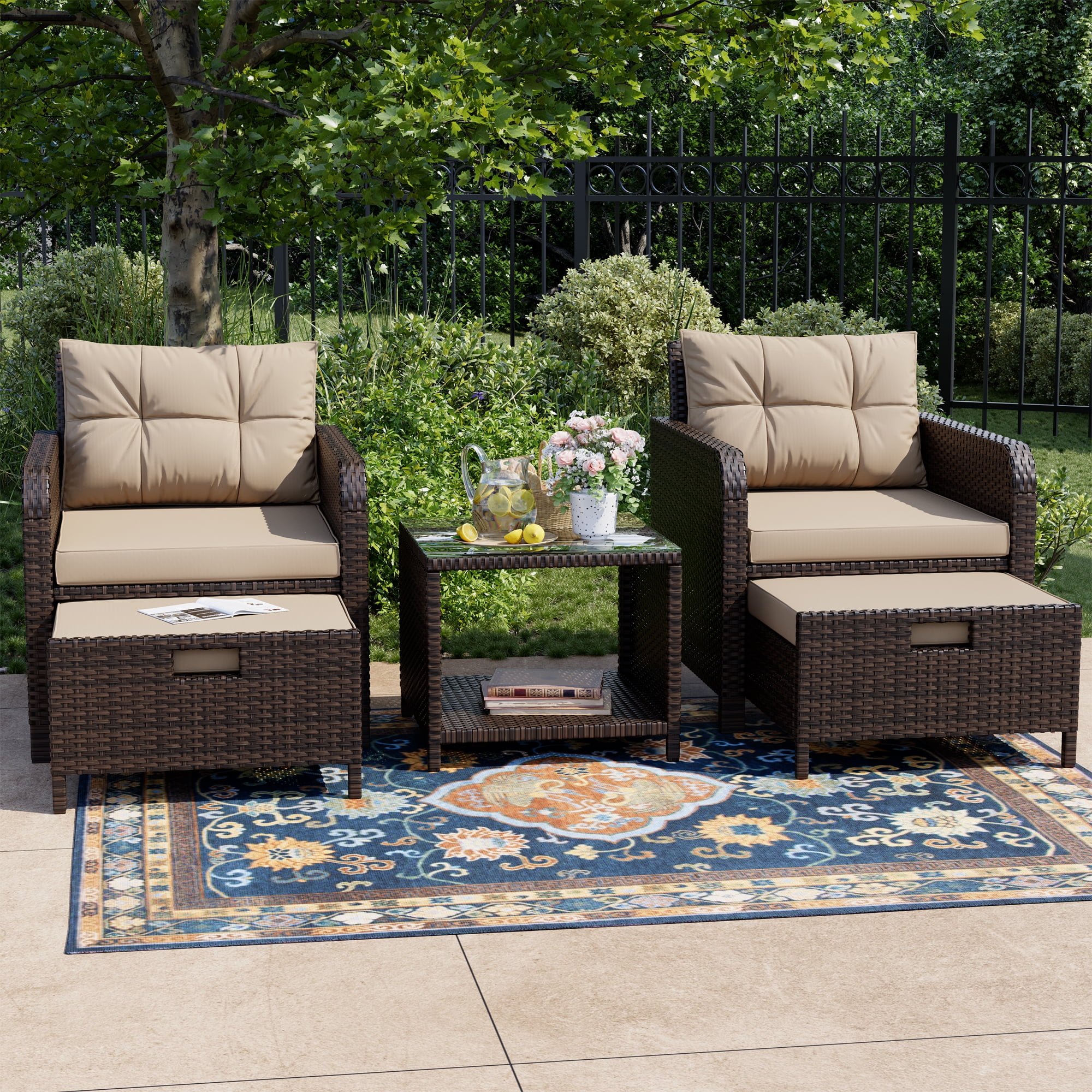 LHBcraft Balcony Furniture 5 Piece Patio Conversation Set, PE Wicker Rattan Outdoor Lounge Chairs with Soft Cushions 2 Ottoman&Glass Table for Porch, Lawn-Brown Wicker (Brown)