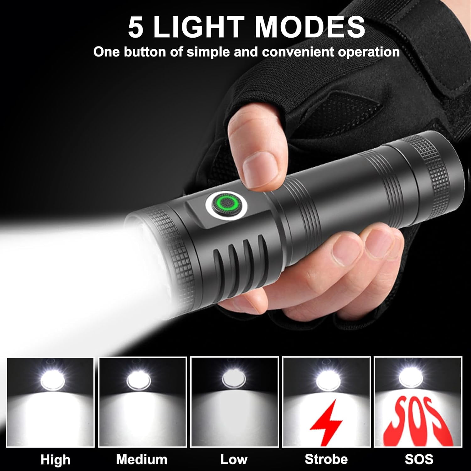 Flashlight USB Rechargeable, Flashlights High Lumens, 6500 LM Tactical Flashlights, 5 Modes LED Flashlight Adjustable, IPX4 Waterproof Versatile Flashlight for Emergencies, Hiking, Camping
