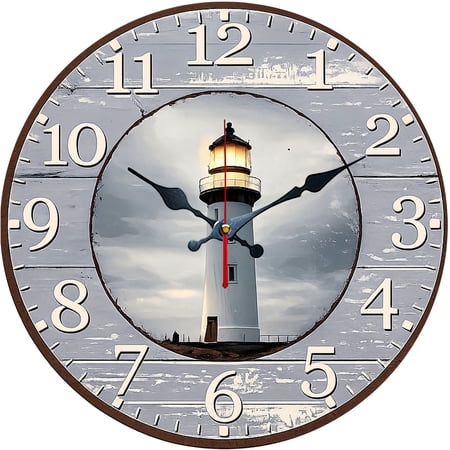 Hoease 10 Inch Silent Wall Clock, Vintage Distressed Lighthouse Decorative Wall Clock, Battery Operated Non-Ticking Round Clock for Living Room Bedroom Coastal Home Decor