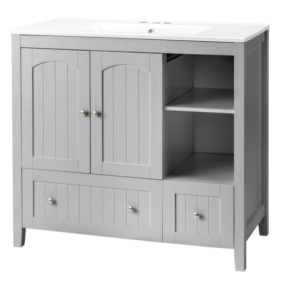 IVV 36" Bathroom Vanity with White Ceramic Sink Combo, Modern Storage Cabinet with 2 Drawers, 2 Doors, Open Storage & Adjustable Shelf, Freestanding Bathroom Vanities Set, Gray