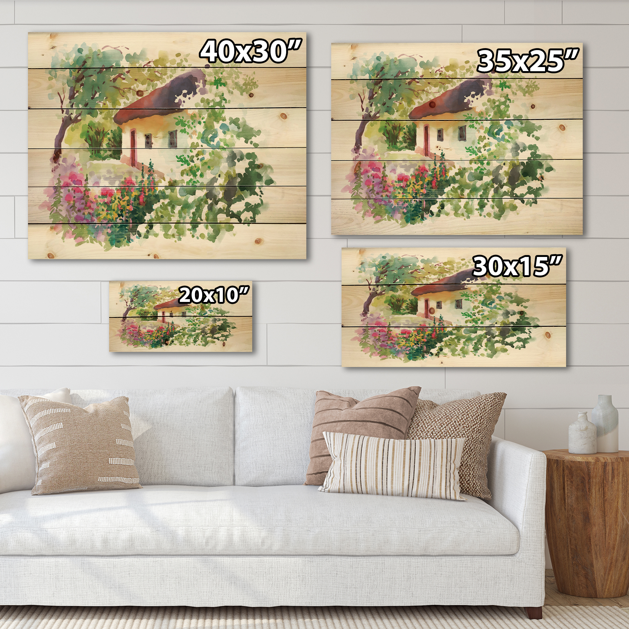 Designart 'Rural Village House On A Green Summer Day' Traditional Print on Natural Pine Wood