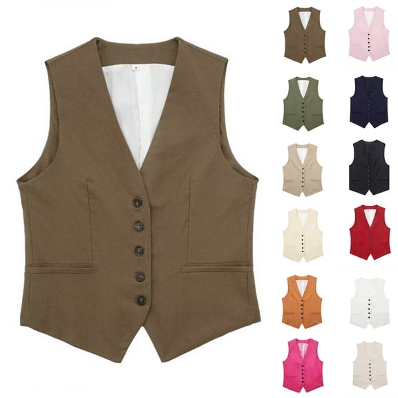 Wlynlyn Womens Vests V Neck Sleeveless Button down Solid Color Waistcoat Business Casual Dressy Vintage Tank Tops