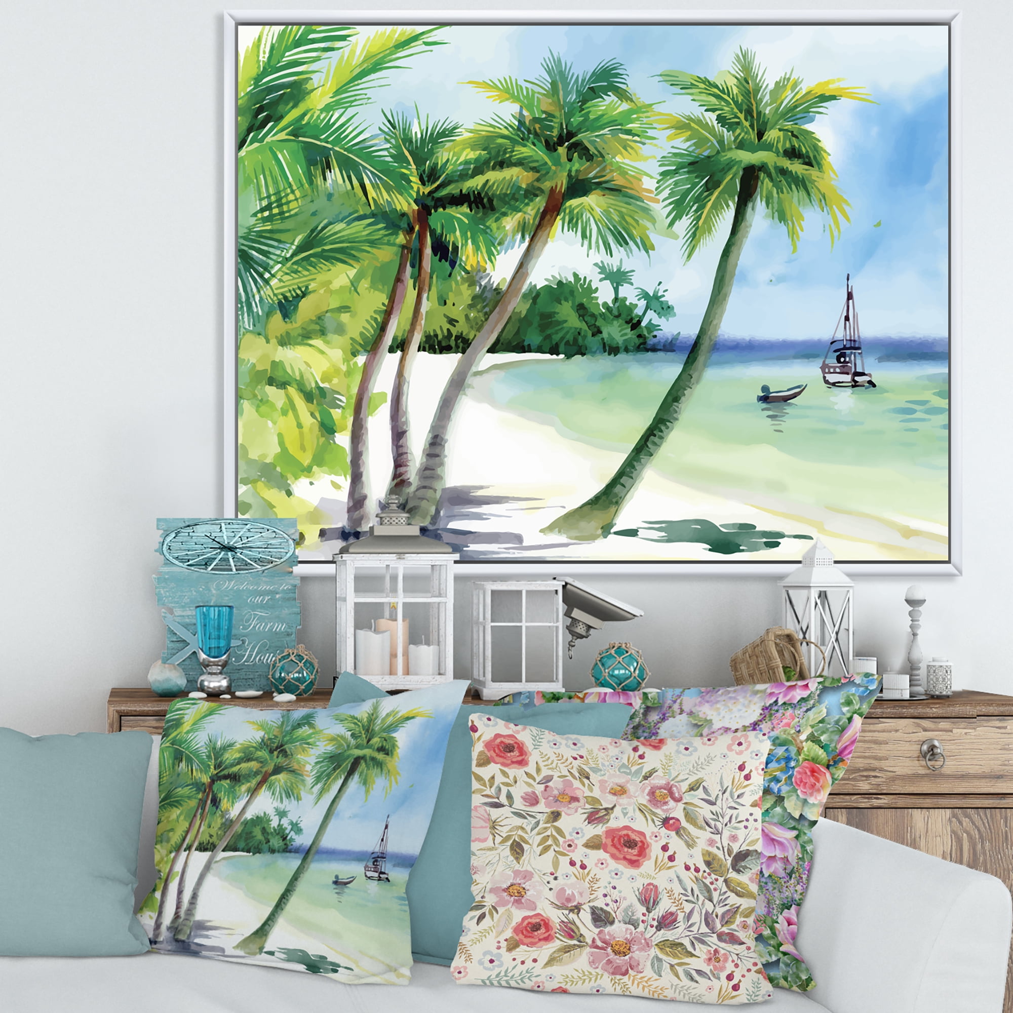 Designart 'Palm Trees With Summer Beach' Nautical & Coastal Framed Canvas Wall Art Print