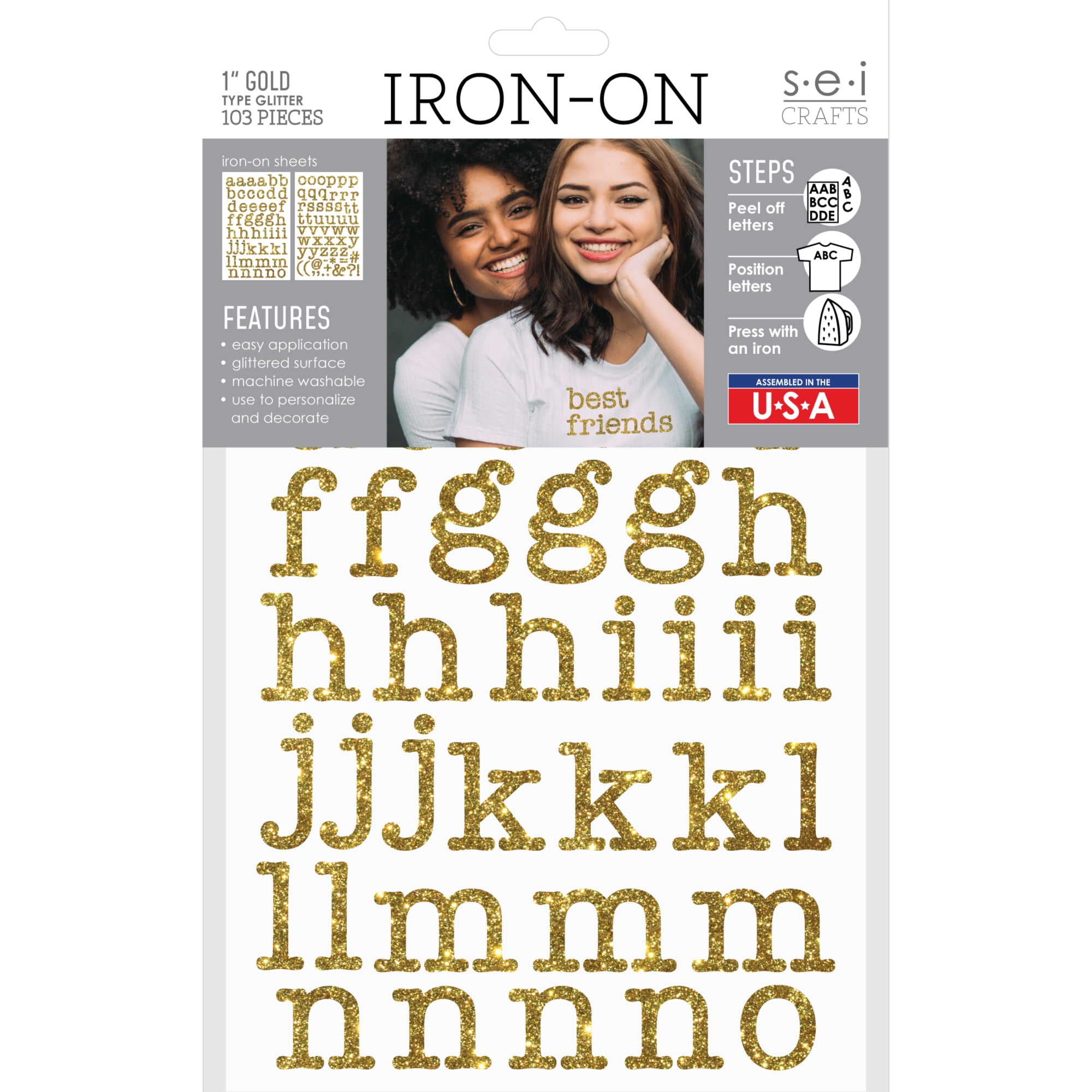 S.E.I. 1-inch Gold Glitter Easy Iron-on Letters Transfer, Type