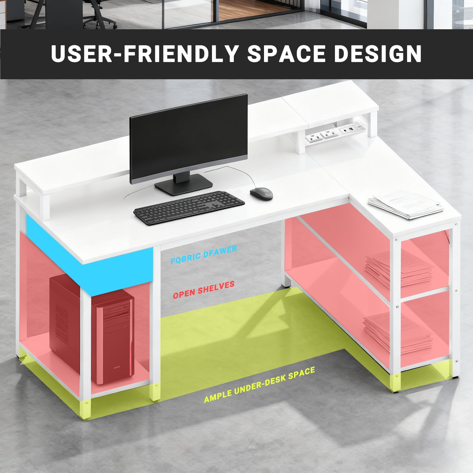 KPUY 47-Inch L Shaped Desk with USB Charging Port LED Light and Monitor Stand, Gaming Desk Home Office Desk for Home Office Dorm Sturdy Writing Workstation, White
