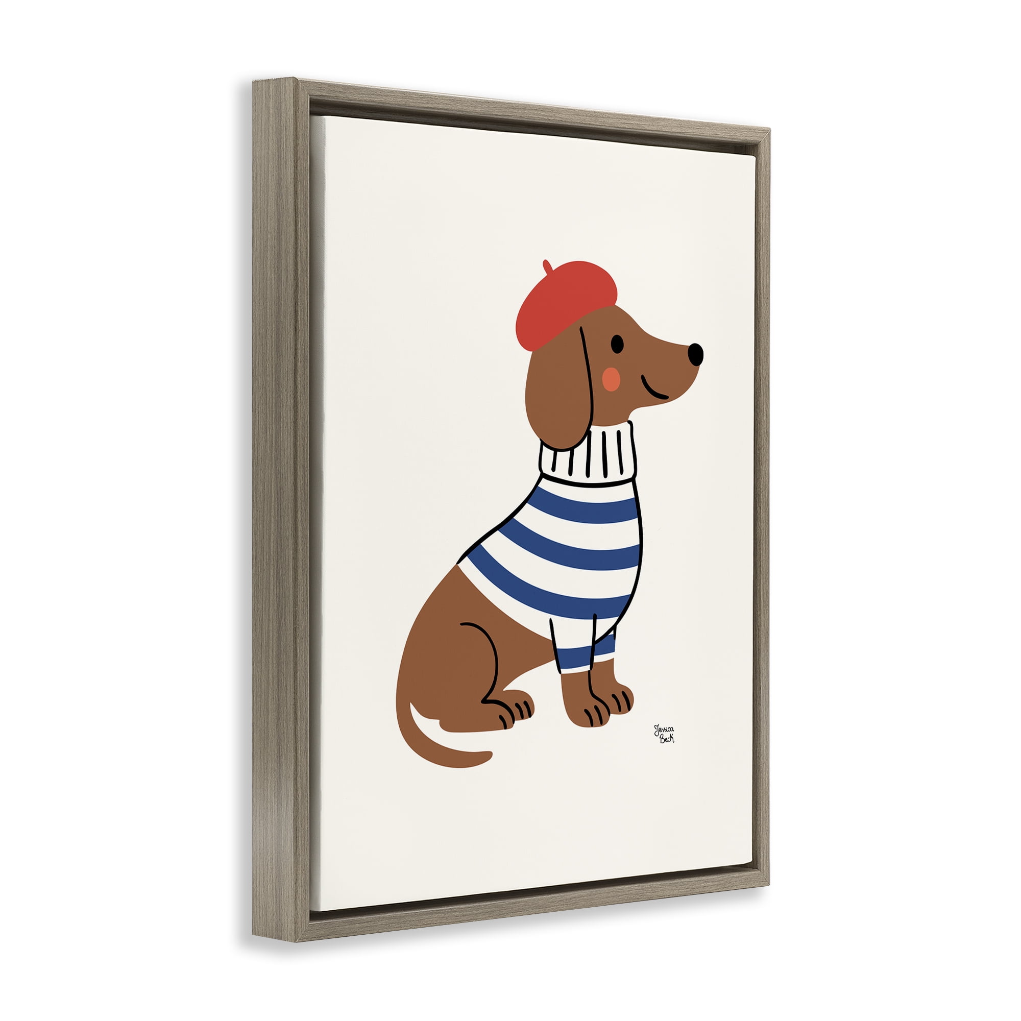 French Dachshund in Beret Brown Framed Floater Canvas Wall Art, design by Jessica Beck