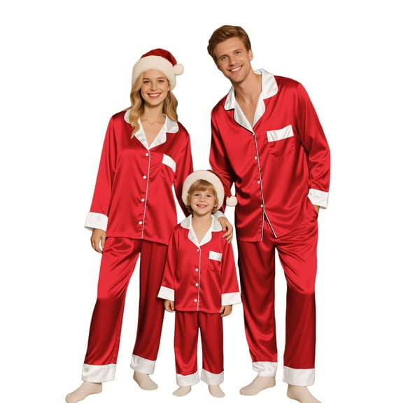 Red Family Christmas Pajamas Matching Sets Satin Long Sleeve Holiday Lounge Soft Xmas Silk Pjs Men Women Two Piece Sets